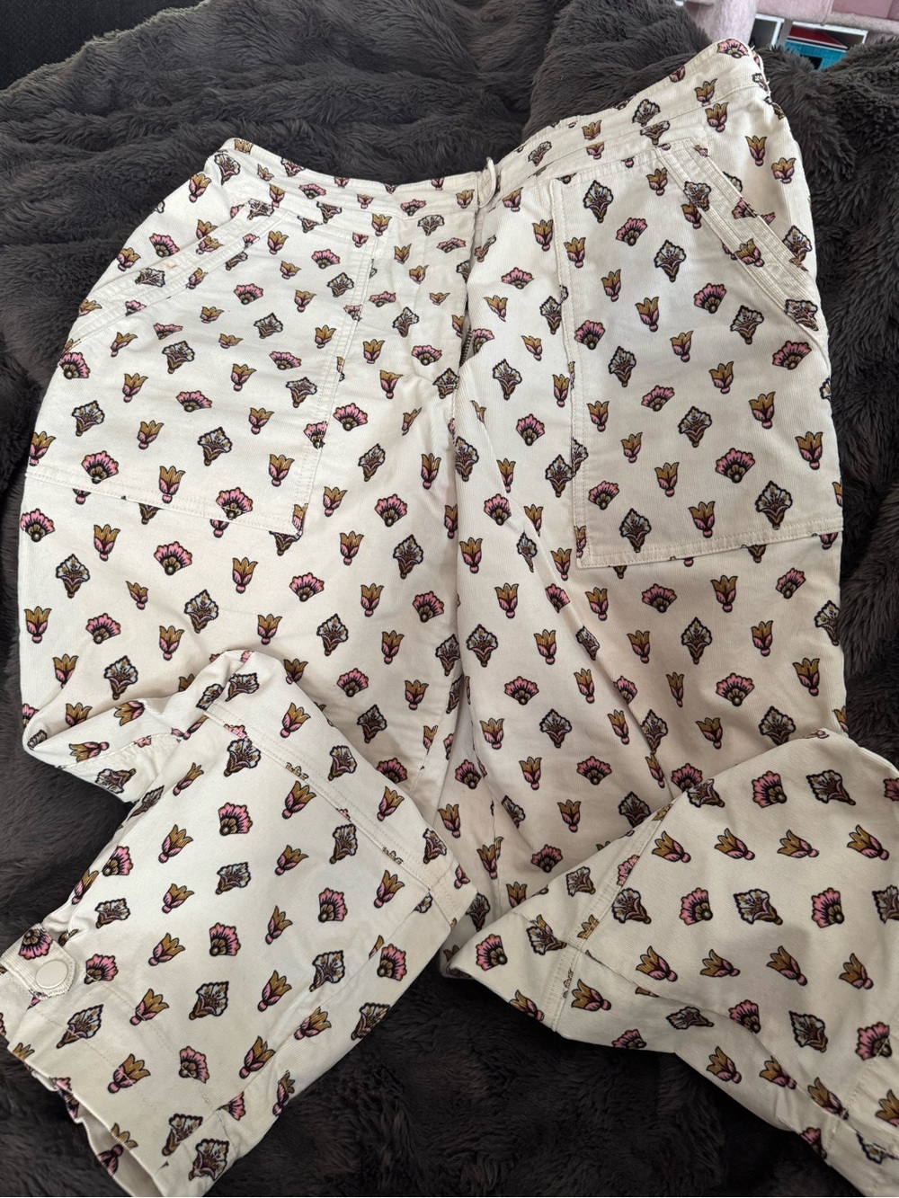 Anthropologie Cream Floral-Print Ankle Corduroy Pants